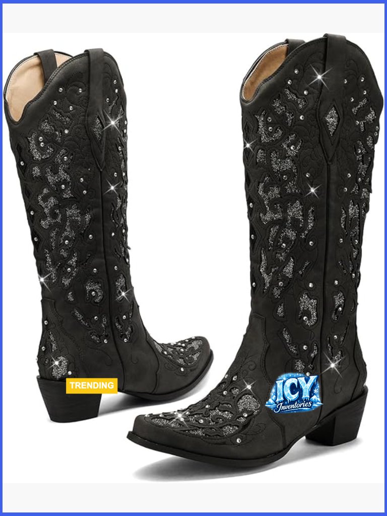 Mid Calf Cowgirl Boots Rhinestone Chunky Heel Western Boot Glitter Sparkle